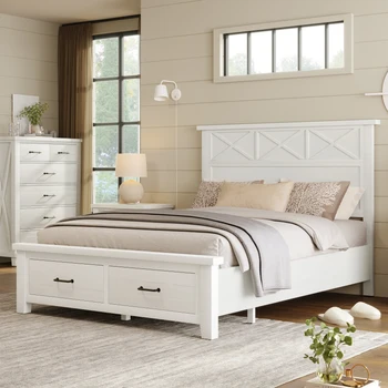 Бяла легло в стила на кралския дом в селски стил с две чекмеджета, лесно за монтаж за мебели за спалня на закрито