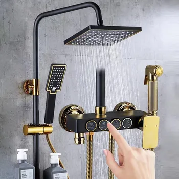 Комплект за душ Black Gold Key с четири-степенна скоростна кутия, Система за топла и студена душ под налягане, Месинг душ, Комплект за къпане в семейния банята на Хотела