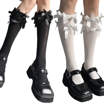 Дамски Елегантни чорапогащи за момичета, Японски стил колеж, Студентски, Сладка, с множество Панделки, Черен, Бял, Дълъг