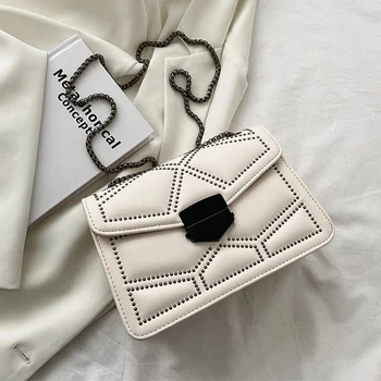 Ретро дизайн с нитове, малка чанта през рамо за жени, чанта-месинджър, дамски луксозна чанта от изкуствена кожа с веригата и портфейла