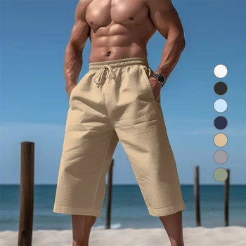 Мъжки летни къси панталони от памук и лен с 7 точки, нов популярна тенденция, улични разходки, плаж пътуване, обикновен бански