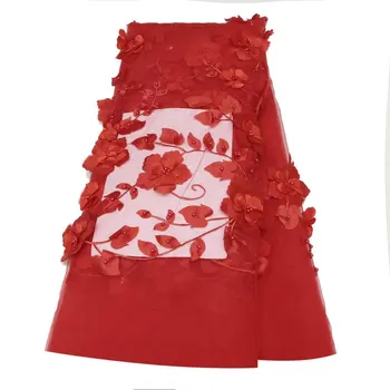 2023 Прекрасни 3D червени цветя Африканска лейси плат, расшитая мъниста френска лейси плат, Апликация от Дубай, тюлевое дантелено сватбена/вечерна рокля