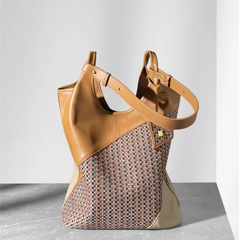 Дамски луксозна чанта-тоут от телешка кожа в стил мозайка нов нишевого дизайн 2023 г., висококачествена кожена чанта за пътуване до работа, женствена чанта през рамо