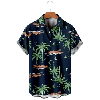 Хавайска риза с кокосова палма, Негабаритная риза с 3D Принтом, Плажни и Ежедневни Дрехи с Къси ръкави, Моден Тренд, Уличен Однобортный на Ревера M