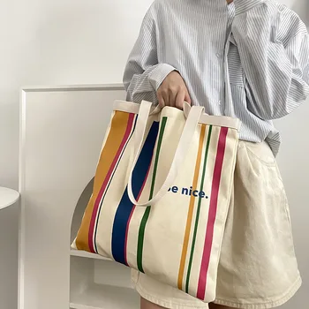 Дамски холщовая чанта през рамо с разноцветни полосатыми букви и двойно принтом от еко-плат, чанта за студентски книги, Памучни чанти-тоут За момичета