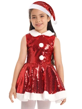 Детско Коледно рокля-пакетче с пайети за cosplay с пайети за момичета за изпълнения на сцената с шапка на Дядо Коледа, Коледа нова година Елегантен костюм за парти