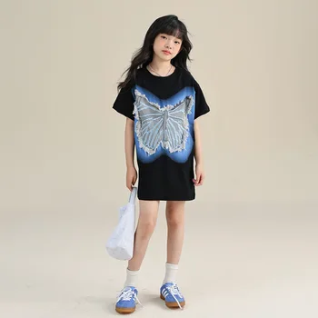 Дълги блузи с пеперуди за момичета, Лятна сладко облекло за деца на 8-10 години, Модни ежедневни тениски за деца 12-14