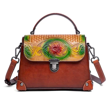 Дамска чанта за през рамото от естествена кожа с цветни Релефни, Естествена кожа, Дамски чанти-тоут с горната дръжка