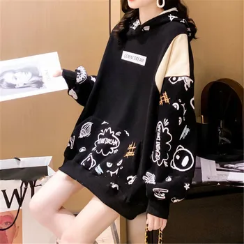 Черна градинска дрехи, блузи, големи размери с графити За момичета, есен облекло в готически стил, розово-лилаво, корейски вариант качулки
