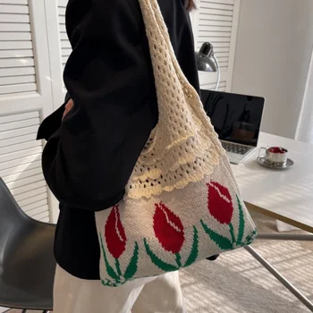 Вязаная чанта-Лале, чанта за през рамо в ретро стил с цветен модел, Вълнена вязаная чанта е от дантела, Модни дамски чанти за летен отдих за жени