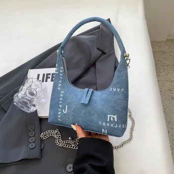 Denim Blue Ежедневни Модерна Дамска чанта с Надпис 2023, Нова Тенденция, Персонализиран Дизайн с Принтом, Чанти през Рамо на Веригата и Цип за Жени