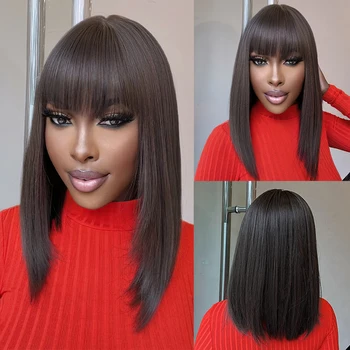 Кафяви директни синтетични перуки със средна дължина за жени афро ежедневна употреба на естествена коса, Кратък многослоен перука с бретон, огнеупорни