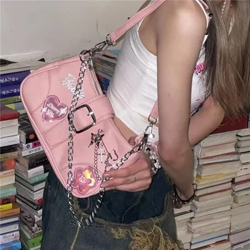 Y2k Модни Градинска облекло в стил пънк, готик, Ежедневни универсална чанта на верига, Модни готини чанти за рамо за момичета, Дизайнерска чанта