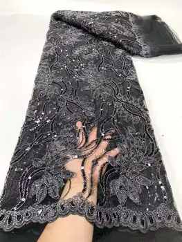 Продажба на едро на Висококачествено африканска черна лейси плат с 3D пайети, 5 ярда, материал за сватбени партита, бродерия, френска лейси плат, шивашки със собствените си ръце