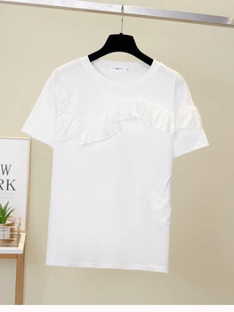 Дамски летни тениски на Корейската версия, Нов дизайн, Шифоновая тениска с рюшами на ръба, Лоскутная тениска в западен стил с къси ръкави D4039