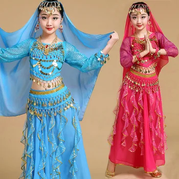 4 бр./компл., костюми за танци за момичета, Ориенталски танц, костюм за танци за момичета, Детски Индийски танцови облекла с дълъг ръкав