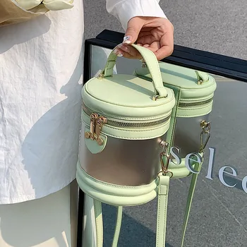 Цилиндрична чанта през рамо от кожа, PVC, Дизайнерска чанта-кофа за през рамо, дамски модни чанти и портмонета