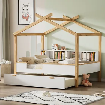 Легло в естествена Дървена Къщичка-легло с оригинална рамка от дърво, ковчеже двоен размер и книги рафтове за съхранение в детската стая