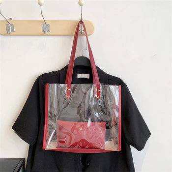 Дамски Прозрачна чанта за покупки от PVC + чанта през рамо от изкуствена кожа, по-Голямата голям чанта за Плаж, почивка, Лято 2023, Нова Гореща разпродажба