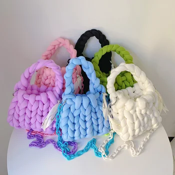 Чанта за плетене на една кука от въже, Акрилна верижка от ръчно изработени дамски чанта за подмишниците, Дизайнерски плетени калъф чанта през рамо за жени, Тъкани мрежи от дебела тел