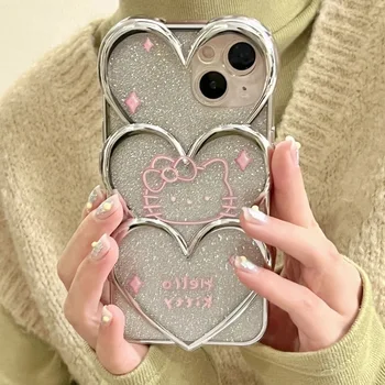 3D Любовни линии Sanrio Hello Kitty, Сребрист Калъф за мобилен Телефон с покритие за iPhone 15 14 13 12 11 Pro Max 14 Pro, Защита От падане, Делото за Момичета