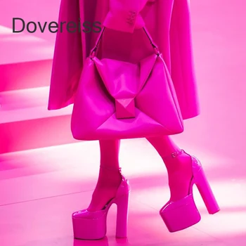 Dovereiss 2023 Модни дамски обувки летни 15 см токчета буци петата розово-червен квадратен чорап непромокаеми обувки лодка блок токчета 41 42 43