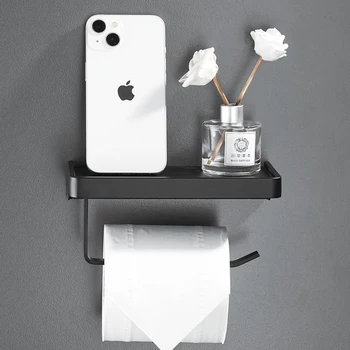 Алуминиев Държач за тоалетна хартия Без тренировки, Рафтове за съхранение телефон в банята, за ролка тоалетна хартия, Черен държач за съхранение на тоалетна хартия