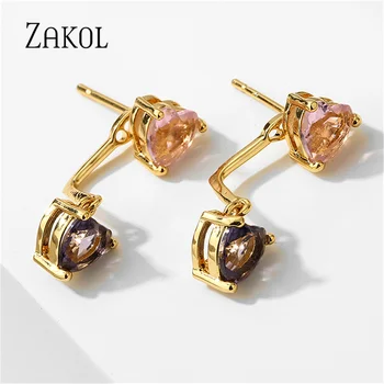 ZAKOL Индивидуални цветни обеци-карамфил с цирконием във формата на сърце за жени, Корейската мода, Златни обеци за булката, булчински бижута