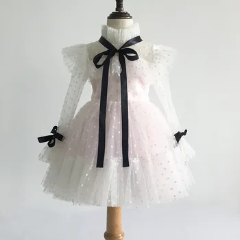 Детско сватбена рокля с дълги ръкави за момичета, сетчатое рокля със средна дължина, за представяне на рожден Ден на Принцеса