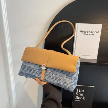 Марка дизайнерски дамски чанта от изкуствена кожа и деним в стил мозайка, ежедневна чанта през рамо с ключ, чанта с капак