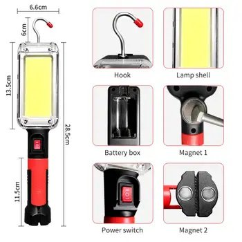 Работно лампа, преносим лампа, магнит на куката, лампа за къмпинг, Висока ниска COB USB, 18650 акумулаторна фенерче, Работно водоустойчив