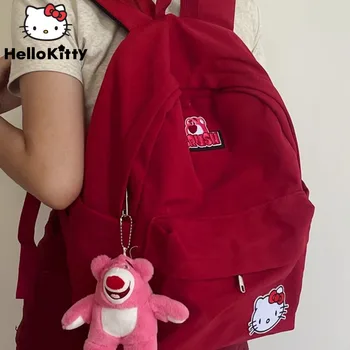 Sanrio Висококачествен Женски Червена раница Hello Kitty, Нов корейски Елегантен дизайн, Y2K, скъпа студентски училищна чанта, Симпатична чанта на рамото голям капацитет
