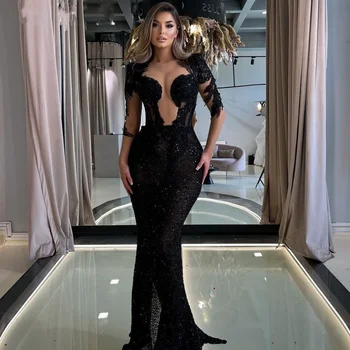 Ново Черно Секси Дълга рокля в стил Русалка със средния ръкав и пайети, Дантелено рокля за абитуриентски, Вечерни рокли за жени 2023