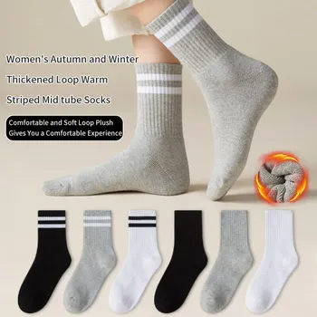 6 женски двойки есенно-зимни едноцветни шарени прости плюшени флисовых дебели и топли, модерни и удобни чорапи със средна дължина