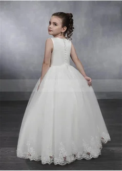 Бели пухкави цвете момиче обличам тюл, дантела 3D стикер без ръкави сватбени елегантни цветя на детето си първото парче от Причастието рокля