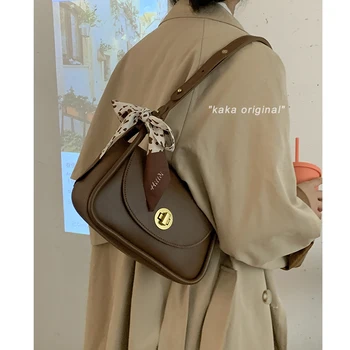 Луксозна дамска чанта 2023, Нова корейска модерна чанта за подмишниците с лък, ретро-нишевая кожена чанта през рамо с едно рамо