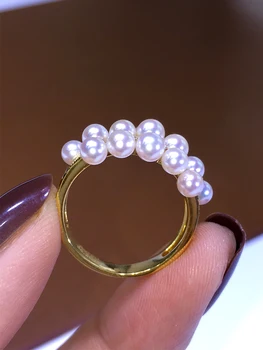 Японското пръстен AKoya 3-4,5 мм, с Естествени Мъниста от морската вода, от 18-Каратово злато, Инкрустированное диамант, Кръгъл, Силен, Лесно, Подарък Стил