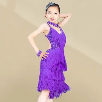 Рокля за състезания по латиноамерикански танци за момичета, Секси лилава рокля с ресни и отворен гръб, Бебешки дрехи за латино изпълнения Chacha DQS13774