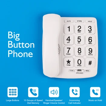 Телефон с голям бутон, Стационарен телефон с голям бутон, телефон за възрастни хора, Кабелна Стационарен телефон с голям бутон