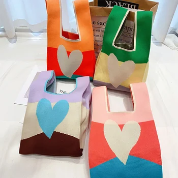 Боядисана тканая чанта във формата на сърце, сладък дамски чанти, корейски тенденция, универсална лека плажна чанта-тоут M298