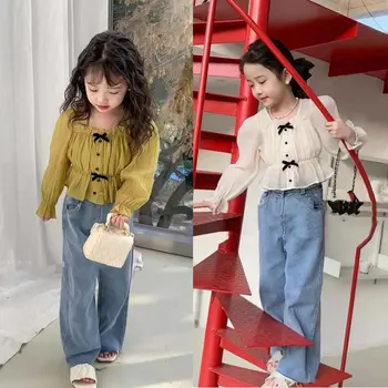 тениска за момиченца, шифоновая бяла блуза с лък, дрехи за деца, детски съкратен топ с къдри, върховете на корейската принцеса 3-8 години