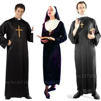 Костюми за Cosplay на Хелоуин, дамски дрехи, Карнавал, Дълги дрехи на свещеник-монахини, Религиозни Дрехи за Католическата Църква, Мисионерски мъжки