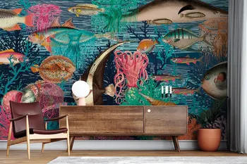 Дизайн в ретро стил, риби, корали под вода, е лесно снимаемая стенни боядисване, тапети на тема океана пастелни тонове. Обелват се и се настъргва на риба