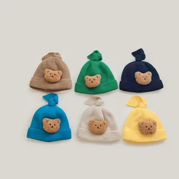 Детска шапчица, есен-зима, Сладък Cartoony мечка, Възли шапки за деца, Ежедневни Вълнени шапки за малки момчета и момичета, 1, 2, 3 година