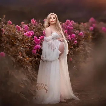 Женствена рокля за фотосесия бременни с перли, Тюлевые рокли за абитуриентски бал с дълги ръкави, бродирани с мъниста, с открити рамене, Макси Рокля за душата на детето