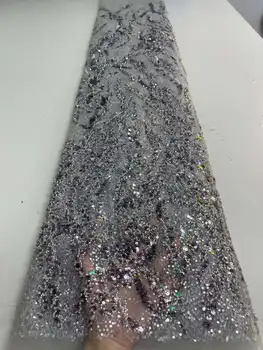 Tela de lentejuelas para vestido de fiesta de boda, tejido elegante bordado africano de lujoZX78