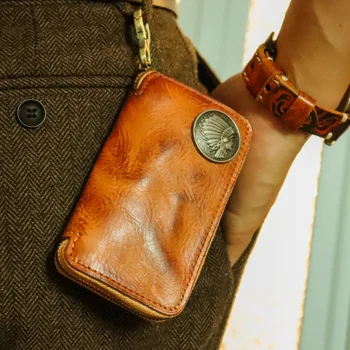 Оригинална чанта за ключове от естествена кожа растително дъбени за мъже, виси на колана, многофункционална чанта за ключовете от колата, с двойно предназначение, кожена чанта за картички