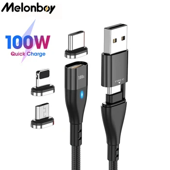 Melonboy 100 W 6 в 1 Кабел за зареждане PD Магнитен Кабел за iPhone Micro USB Type C Кабел за лаптоп Samsung Huawei, Xiaomi C-C