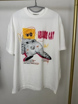 Ежедневни памучен тениска с котка и кръгло деколте Jerry family Store Унисекс