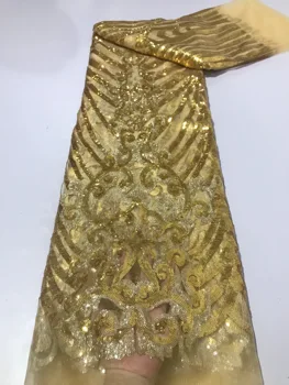 3D златна лейси плат със златни пайети в африканския стил, френска лейси плат 2023, Благородна тюлевая окото, Дантелено сватбена рокля в Нигерия стил, лейси жена